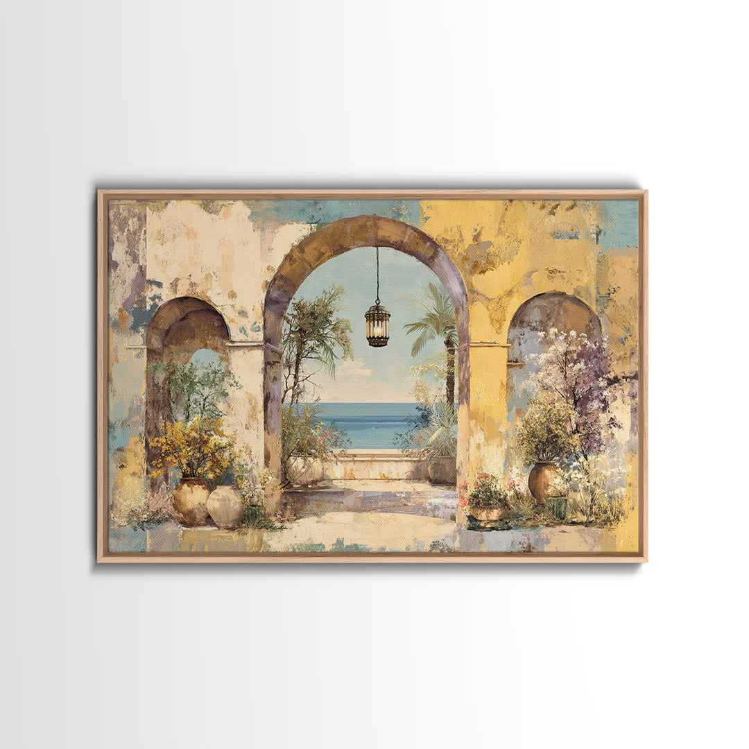 Mediterranean Arch Framing Ocean Horizon Canvas Print, Mediterranean Art, Modern Wall Art, Living Room Decor, Azure, MAR-3x2-31