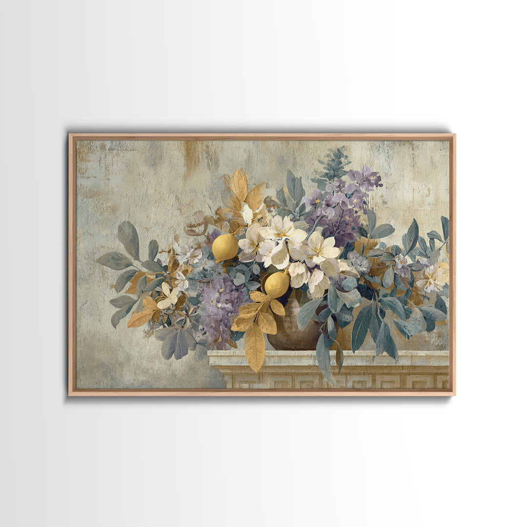 Greek Vase Modern Floral Design Canvas Print, Mediterranean Art, Digital Art Prints, Living Room Decor, Fine Art, Azure, MAR-3x2-43