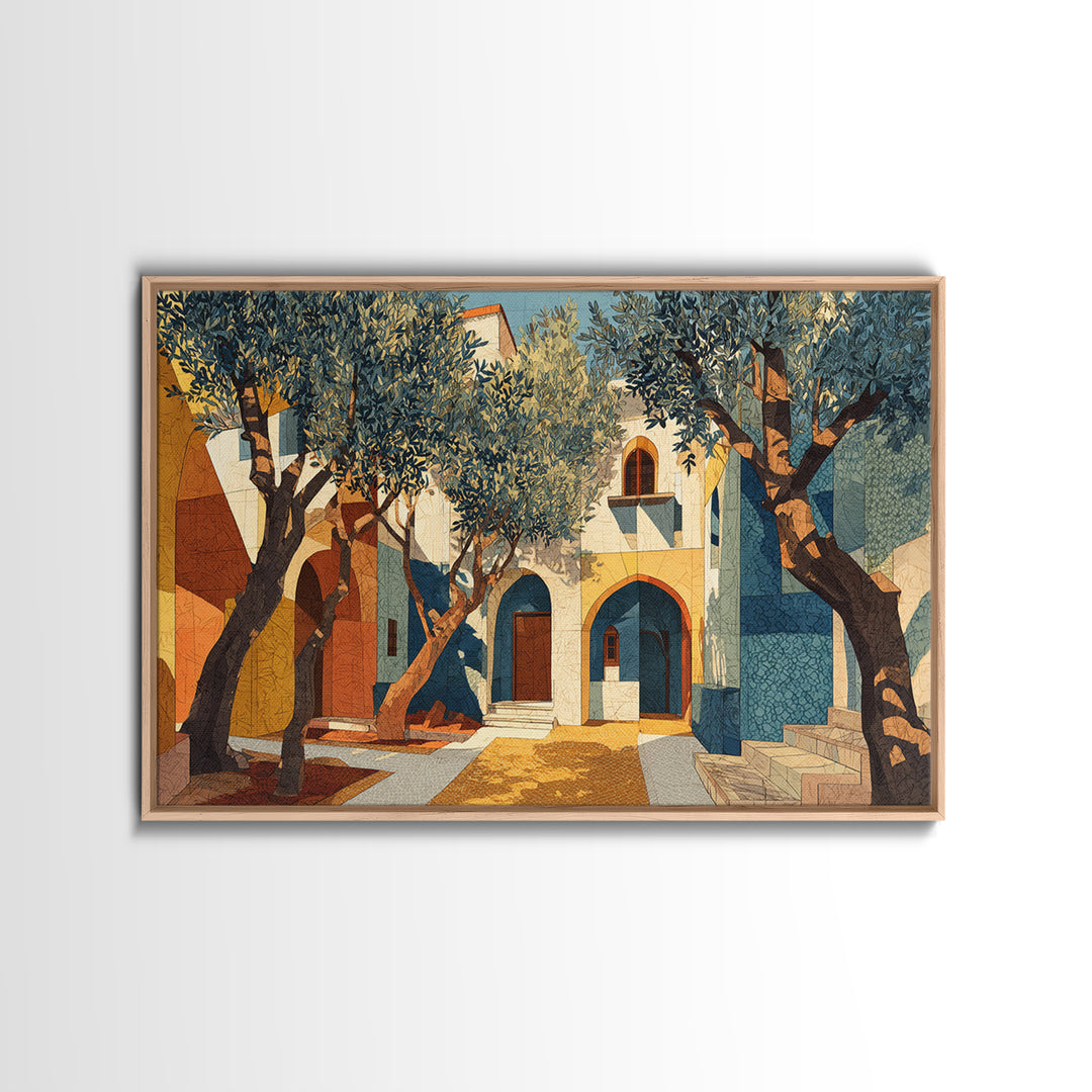 Olive Grove under Pale Morning Light Framed Canvas Print, Mediterranean Art, Nautical Decor, Living Room Decor, Fine Art, Azure, MAR-3x2-45