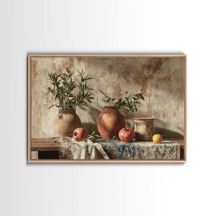 Pomegranate Still Life Framed Canvas Print, Mediterranean Art, Living Room Art, Living Room Decor, Oil Painting, Azure, MAR-3x2-47
