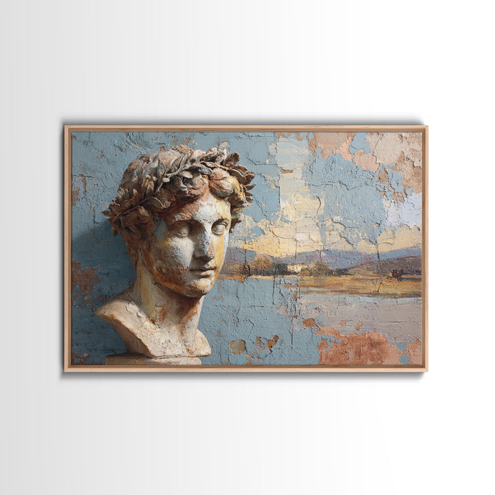Roman Statue Bust Framed Canvas Print, Mediterranean Art, Farmhouse Decor, Living Room Decor, Oil Painting, Azure, MAR-3x2-50