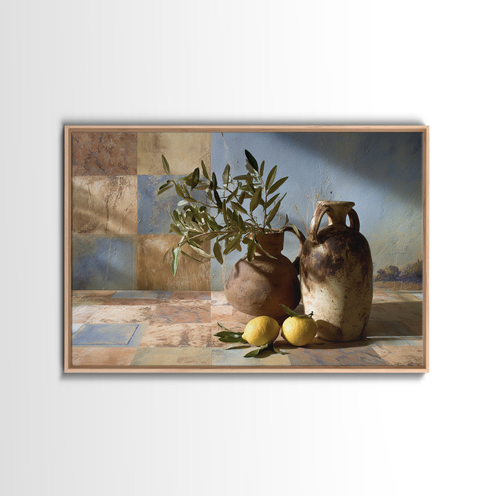 Olive Branch and Lemons on Terracotta Ground Canvas Print, Mediterranean Art, Horizontal Wall Art, Living Room Decor, Azure, MAR-3x2-54