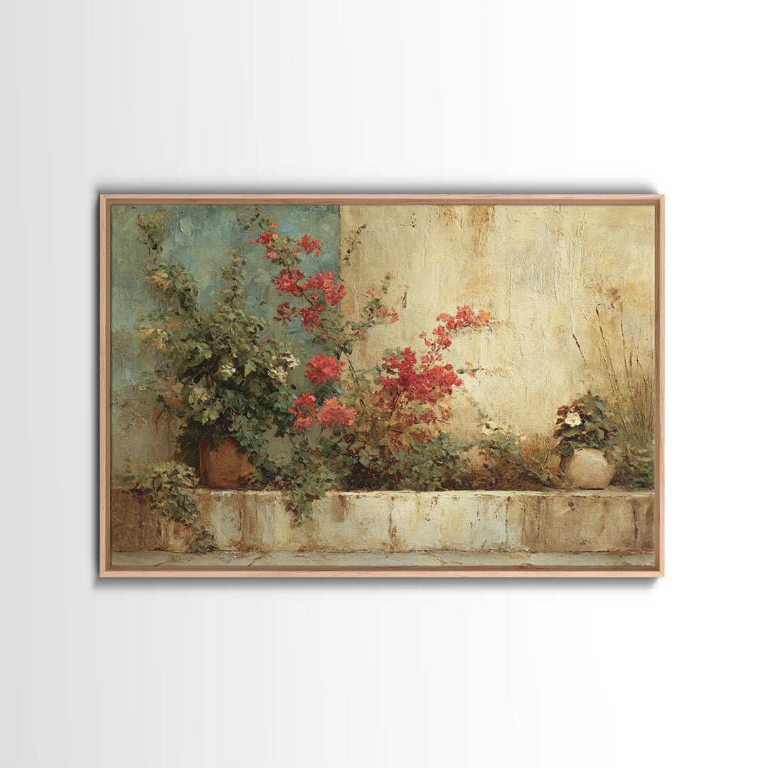 Bougainvillea Cascading over Stone Wall Canvas Print, Mediterranean Art, Watercolor Painting, Living Room Decor, Azure, MAR-3x2-57