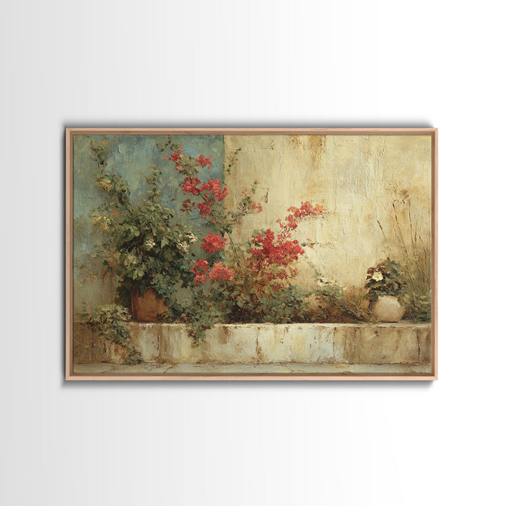 Bougainvillea Cascading over Stone Wall Canvas Print, Mediterranean Art, Watercolor Painting, Living Room Decor, Azure, MAR-3x2-57