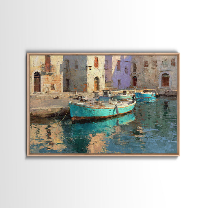 Coastal Fishing Boats Framed Canvas Print, Mediterranean Art, Beach Prints, Living Room Decor, Oil Painting, Azure, Art Print, MAR-3x2-59