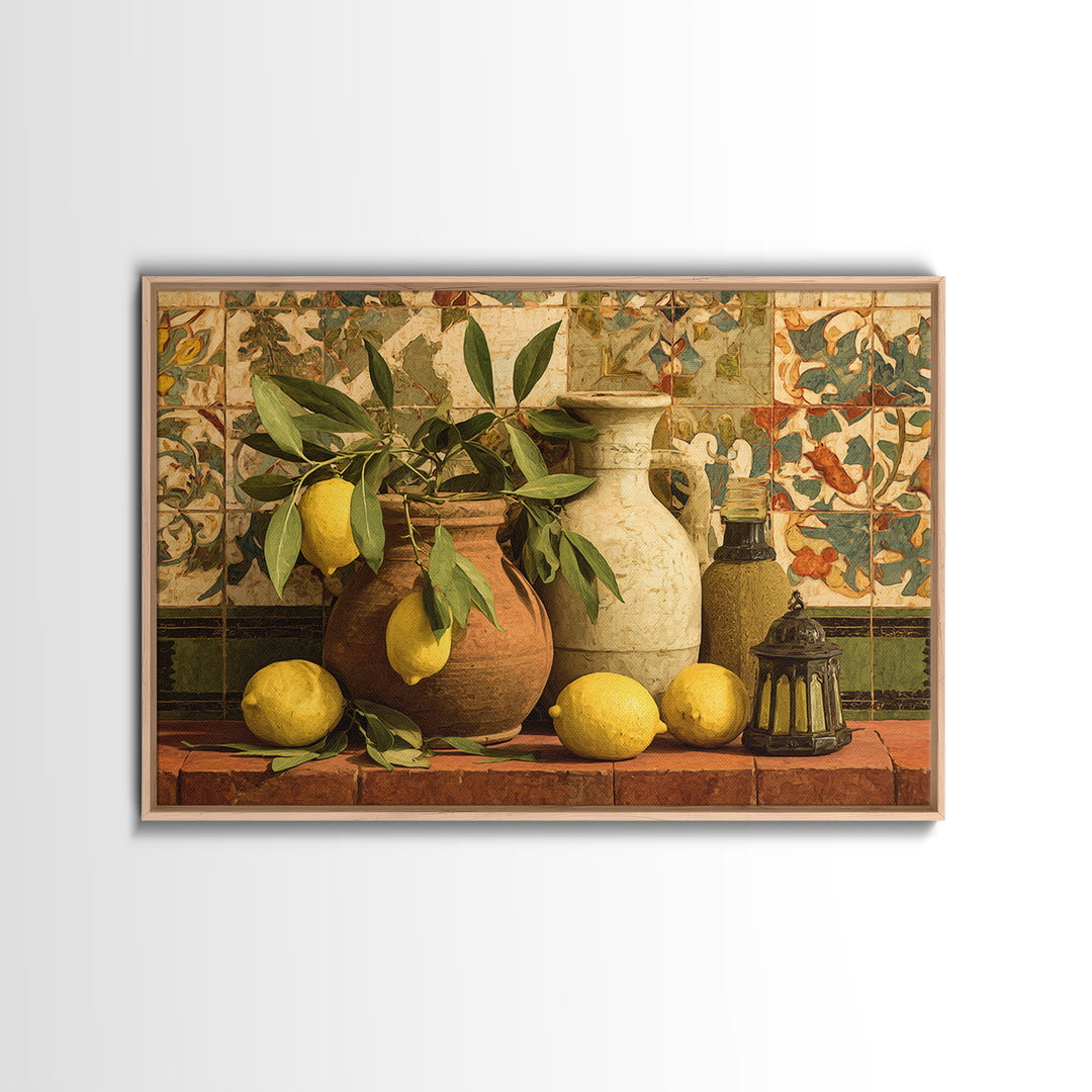 Olive Branch and Lemons on Terracotta Ground Framed Canvas Print, Mediterranean Art, Large Wall Art, Living Room Decor, Azure, MAR-3x2-6
