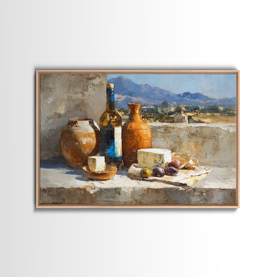 Figs Olives and Cheese Still Life Framed Canvas Print, Mediterranean Art, Minimalist Wall Art, Living Room Decor, Azure, MAR-3x2-60