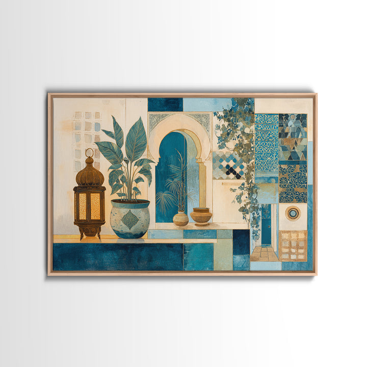 Moroccan Influenced Lantern Canvas Print, Mediterranean Art, Modern Wall Art, Living Room Decor, Oil Painting, Azure, MAR-3x2-61