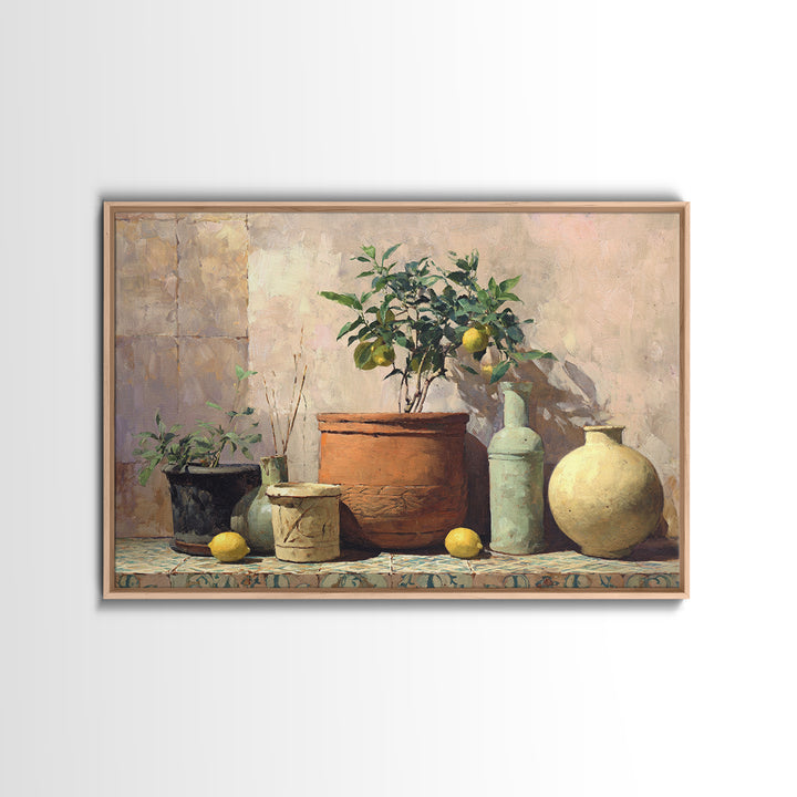 Citrus Tree in Clay Pot Canvas Print, Mediterranean Art, Digital Print, Living Room Decor, Fine Art, Azure, Coastal Decor, MAR-3x2-62