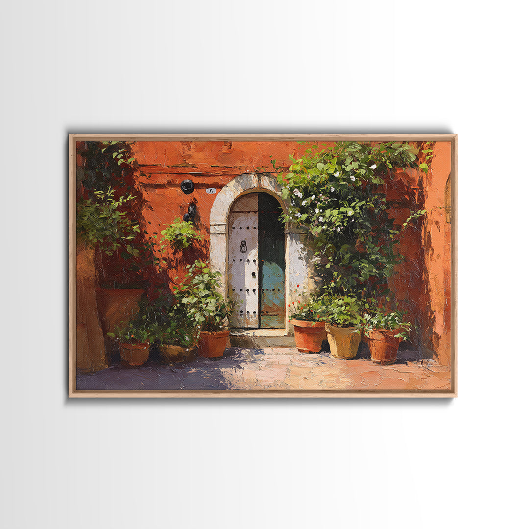 Sunlit Courtyard Doorway Framed Canvas Print, Mediterranean Art, Contemporary Art, Living Room Decor, Oil Painting, Azure, MAR-3x2-63
