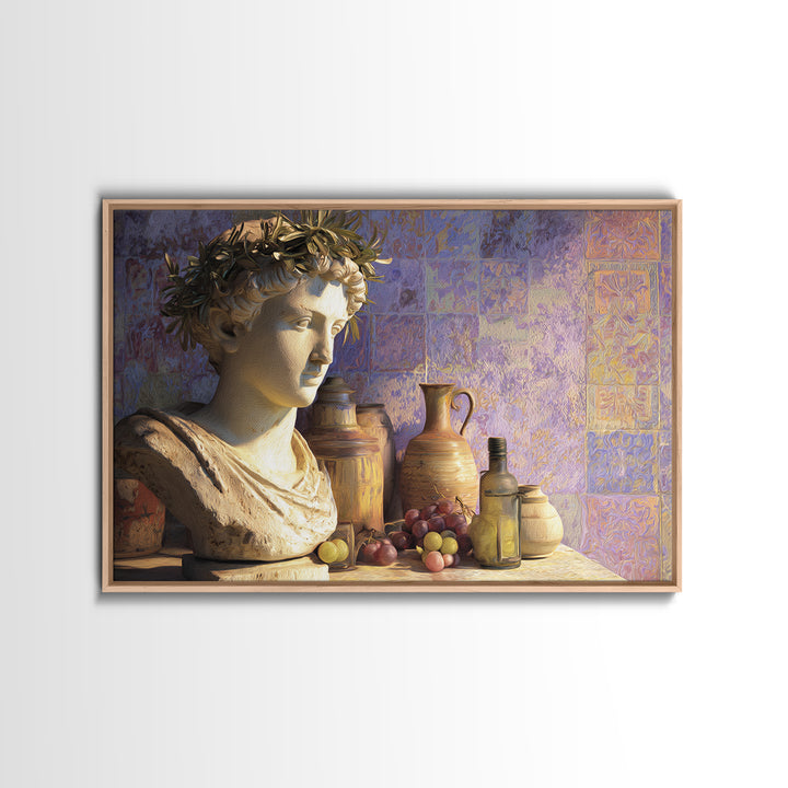 Roman Statue Bust Framed Canvas Print, Mediterranean Art, Farmhouse Decor, Living Room Decor, Oil Painting, Azure, MAR-3x2-74