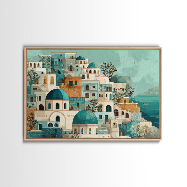 Greek Island White Buildings Above Blue Sea Framed Canvas Print, Mediterranean Art, Coastal Art, Living Room Decor, Azure, MAR-3x2-77