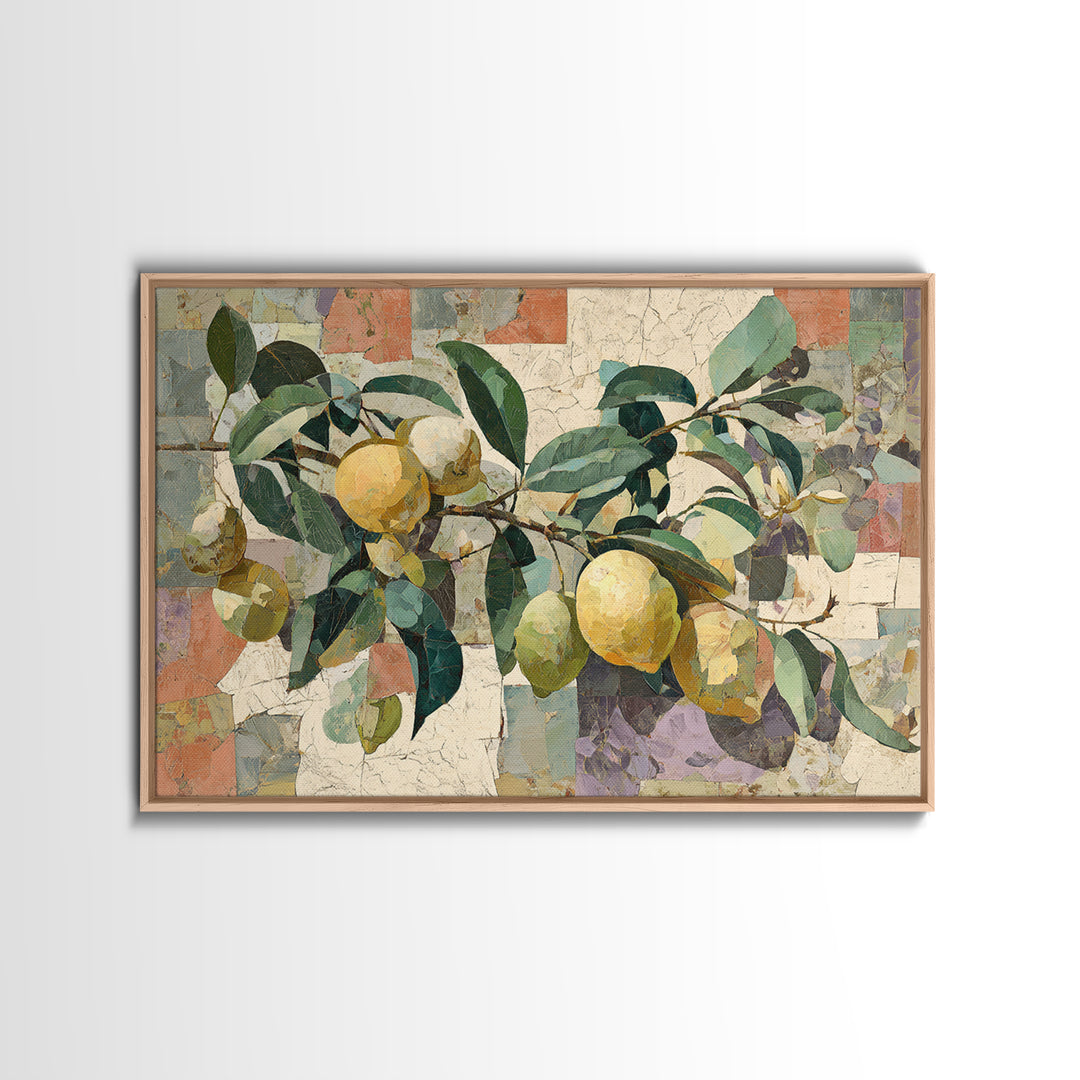 Olive Branch and Lemons on Terracotta Ground Canvas Print, Mediterranean Art, Coastal Wall Art, Living Room Decor, Azure, MAR-3x2-78