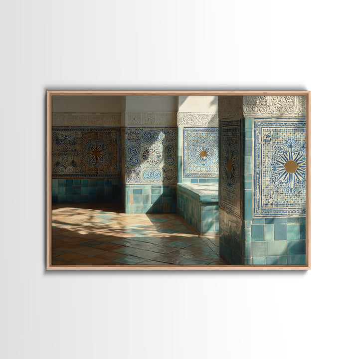 Blue and White Tile Pattern Framed Canvas Print, Mediterranean Art, Original Painting, Living Room Decor, Oil Painting, Azure, MAR-3x2-8
