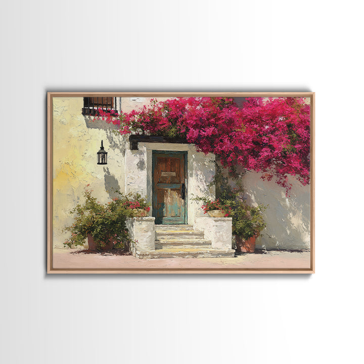 Bougainvillea Cascading over Stone Wall Framed Canvas Print, Mediterranean Art, Watercolor Art, Living Room Decor, Azure, MAR-3x2-81