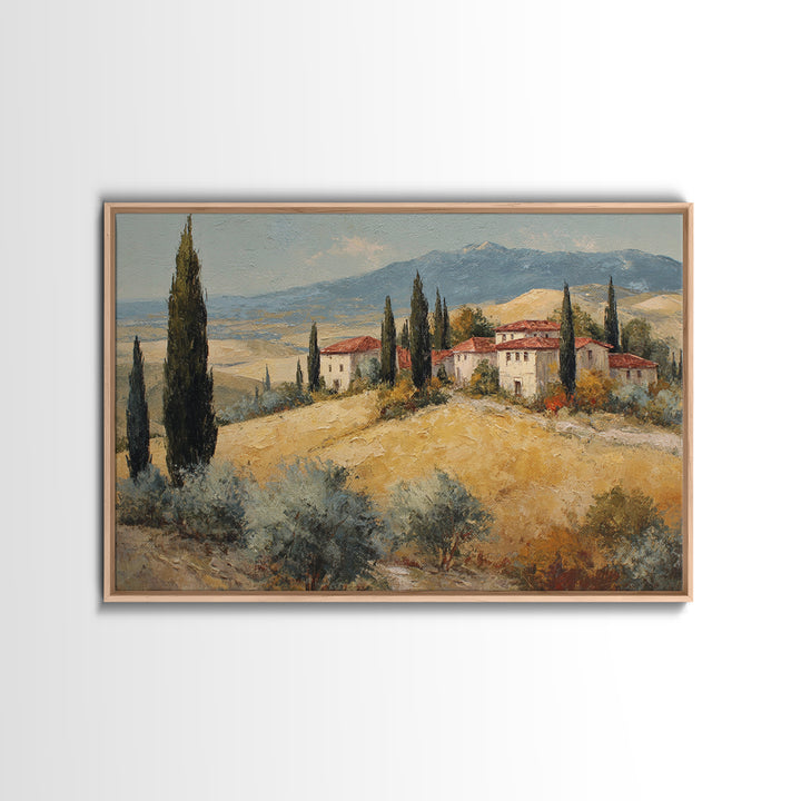 Tuscan Cypress Trees and Golden Hillside Canvas Print, Mediterranean Art, Digital Art Prints, Living Room Decor, Azure, MAR-3x2-82