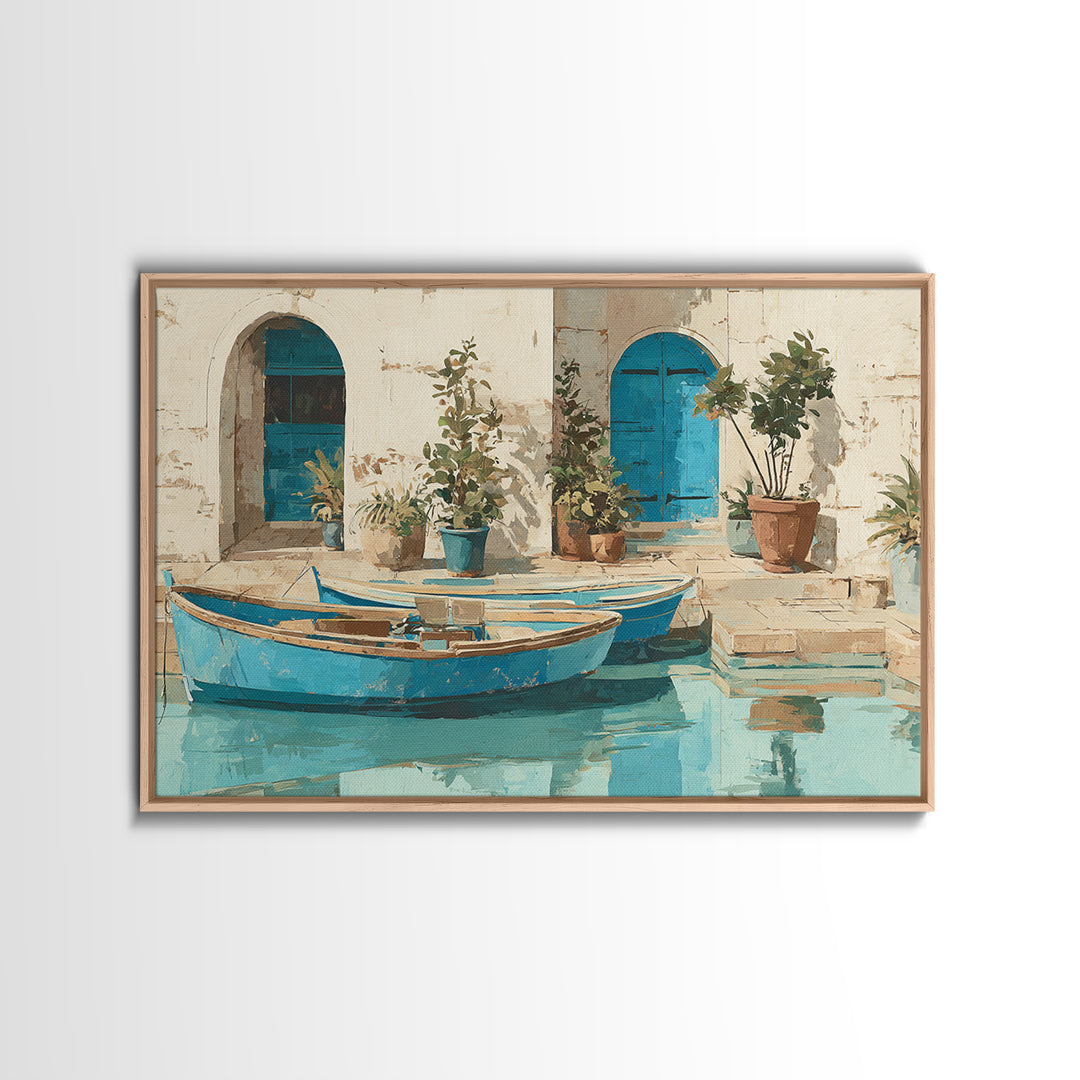Coastal Fishing Boats Canvas Print, Mediterranean Art, Neutral Decor, Living Room Decor, Fine Art, Azure, Home Decor, MAR-3x2-83