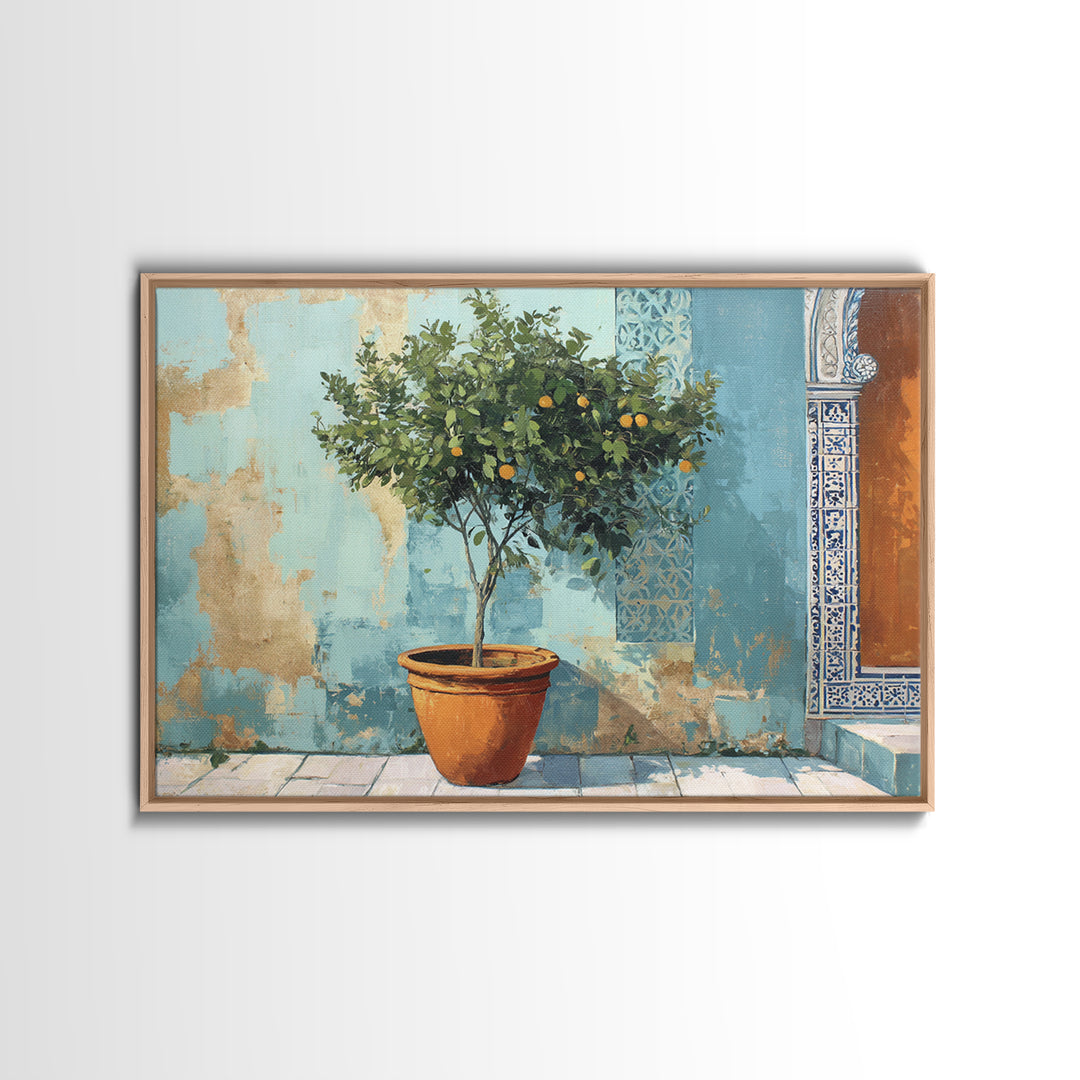 Citrus Tree in Clay Pot Framed Canvas Print, Mediterranean Art, Watercolor Painting, Living Room Decor, Fine Art, Azure, MAR-3x2-86