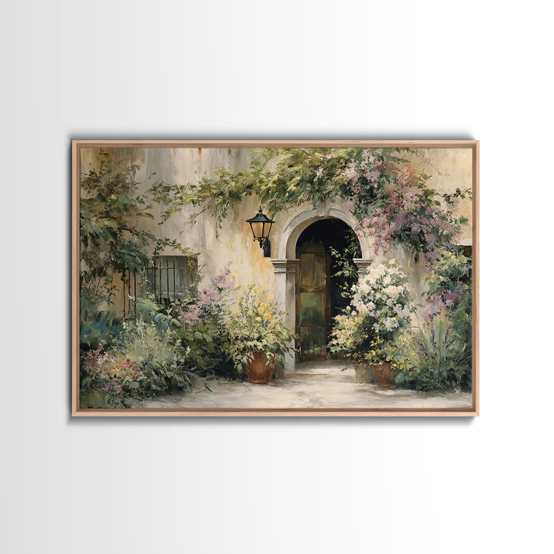 Sunlit Courtyard Doorway Framed Canvas Print, Mediterranean Art, Landscape Painting, Living Room Decor, Fine Art, Azure, MAR-3x2-87