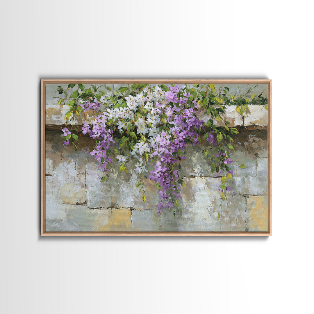 Bougainvillea Cascading over Stone Wall Framed Canvas Print, Mediterranean Art, Digital Print, Living Room Decor, Azure, MAR-3x2-9