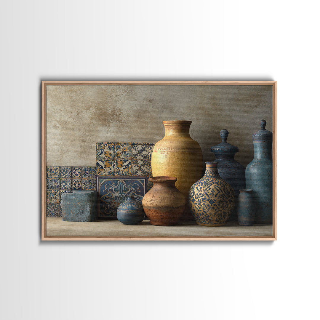 Spanish Tile Ornament Framed Canvas Print, Mediterranean Art, Coastal Wall Decor, Living Room Decor, Fine Art, Azure, MAR-3x2-92