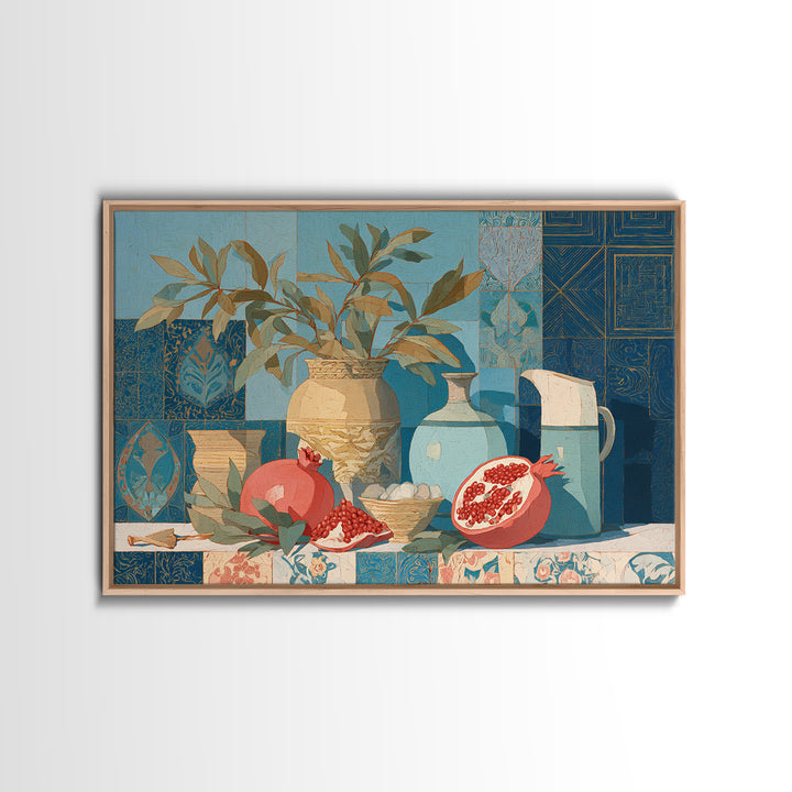 Pomegranate Still Life Framed Canvas Print, Mediterranean Art, Travel Poster, Living Room Decor, Fine Art, Azure, MAR-3x2-95