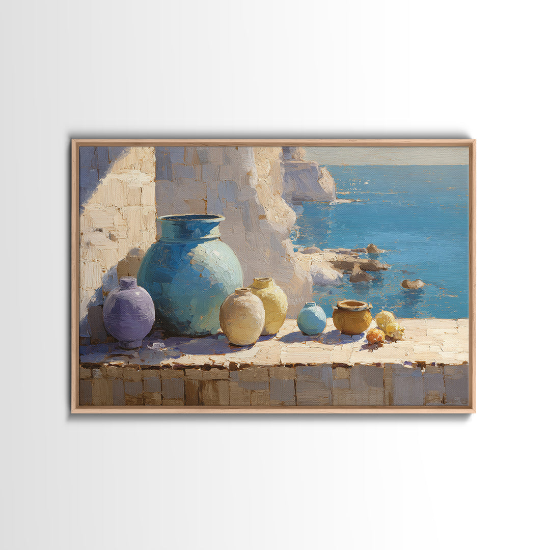 Coastal Cliffs with Sparkling Blue Water Framed Canvas Print, Mediterranean Art, Living Room Art, Living Room Decor, Azure, MAR-3x2-96