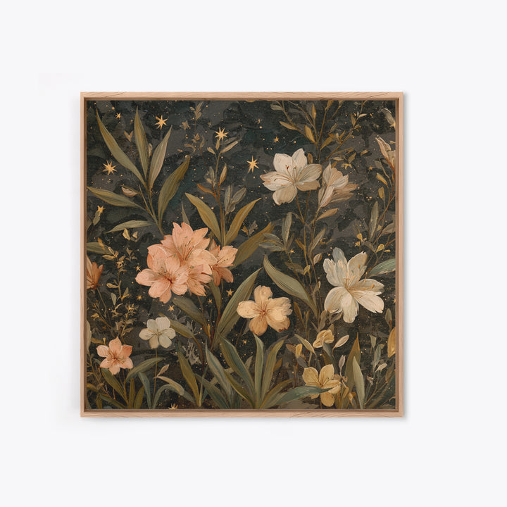 Night Garden with Pale Flowers and Stars Canvas Print, Master Bedroom, Farmhouse Decor, Bedroom Decor, Fine Art, Sanctuary, MAS-1x1-23