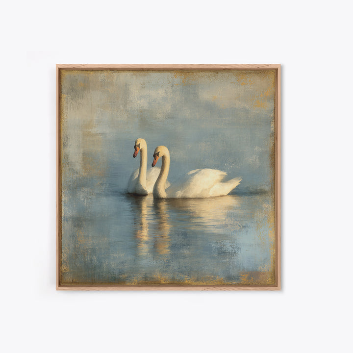 Romantic Swan Pair on Dark Water Framed Canvas Print, Master Bedroom, Living Room Prints, Bedroom Decor, Fine Art, Sanctuary, MAS-1x1-39