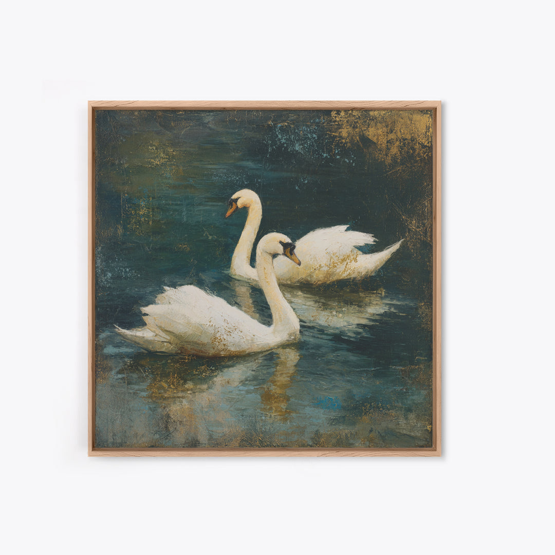 Romantic Swan Pair on Dark Water Framed Canvas Print, Master Bedroom, Neutral Decor, Bedroom Decor, Fine Art, Sanctuary, MAS-1x1-63