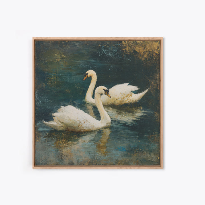 Romantic Swan Pair on Dark Water Framed Canvas Print, Master Bedroom, Neutral Decor, Bedroom Decor, Fine Art, Sanctuary, MAS-1x1-63