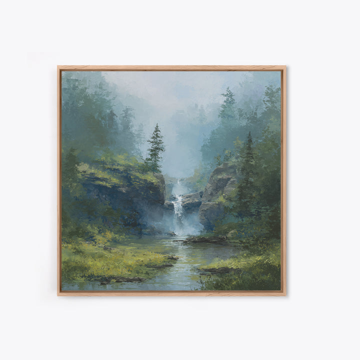 Peaceful Waterfall in Misty Green Forest Framed Canvas Print, Master Bedroom, Modern Decor, Bedroom Decor, Fine Art, Sanctuary, MAS-1x1-67