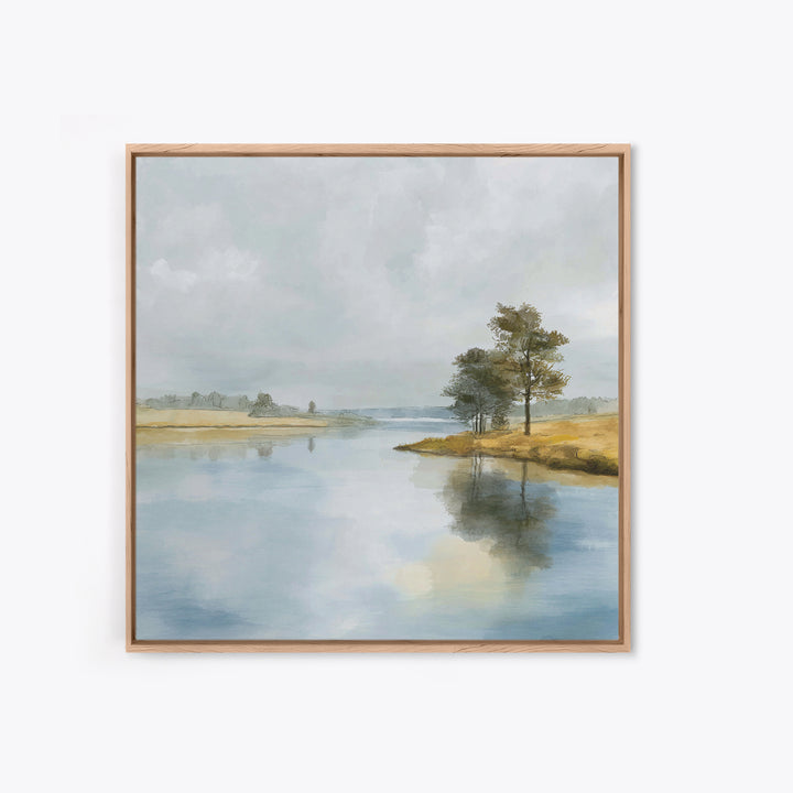 Serene Lake with Pale Morning Reflection Framed Canvas Print, Master Bedroom, Bedroom Wall Art, Bedroom Decor, Oil Painting, MAS-1x1-7