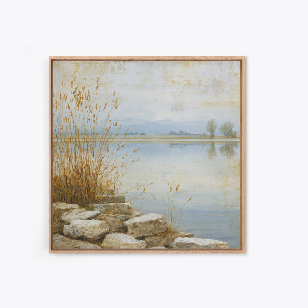 Serene Lake with Pale Morning Reflection Framed Canvas Print, Master Bedroom, Boho Decor, Bedroom Decor, Fine Art, Sanctuary, MAS-1x1-79
