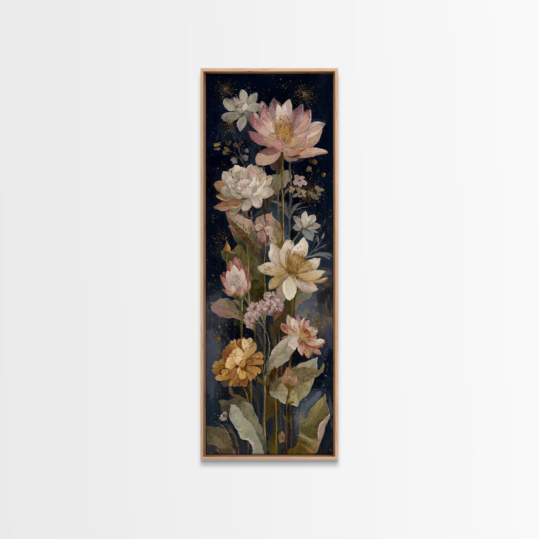 Night Garden with Pale Flowers and Stars Canvas Print, Master Bedroom, Minimalist Wall Art, Bedroom Decor, Fine Art, Sanctuary, MAS-1x3-11