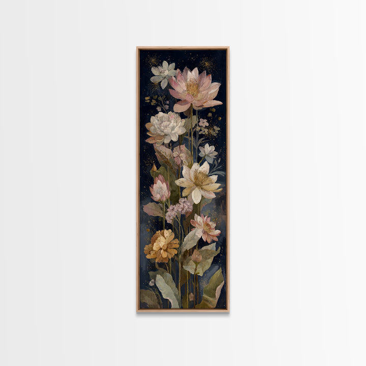 Night Garden with Pale Flowers and Stars Canvas Print, Master Bedroom, Minimalist Wall Art, Bedroom Decor, Fine Art, Sanctuary, MAS-1x3-11