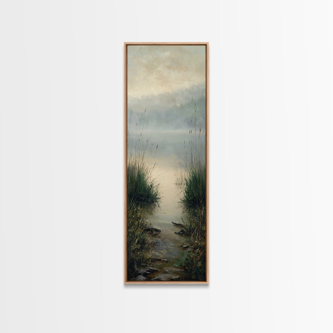 Serene Lake with Pale Morning Reflection Framed Canvas Print, Master Bedroom, Bedroom Wall Art, Bedroom Decor, Oil Painting, MAS-1x3-19