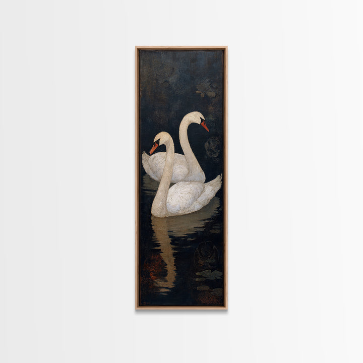 Romantic Swan Pair on Dark Water Framed Canvas Print, Master Bedroom, Wall Decal, Bedroom Decor, Watercolor Art, Sanctuary, MAS-1x3-3