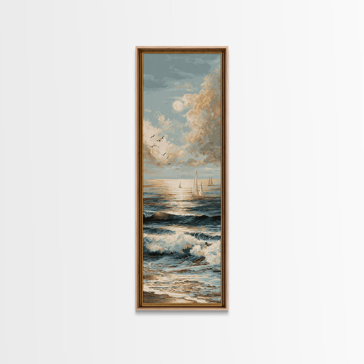 Elegant Moonlit Ocean Horizon Canvas Print, Master Bedroom, Minimalist Decor, Bedroom Decor, Oil Painting, Sanctuary, MAS-1x3-37