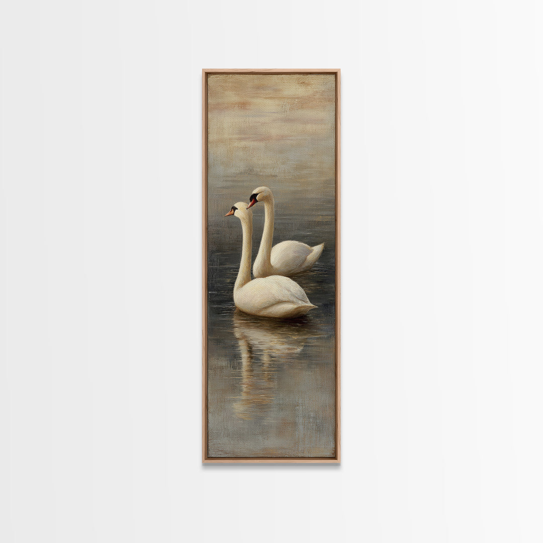 Romantic Swan Pair on Dark Water Framed Canvas Print, Master Bedroom, Neutral Decor, Bedroom Decor, Fine Art, Sanctuary, MAS-1x3-75