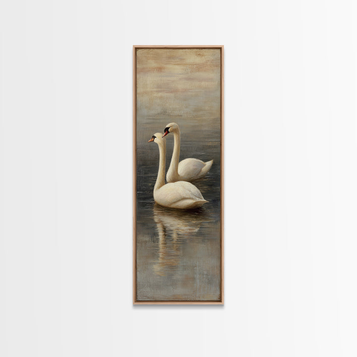 Romantic Swan Pair on Dark Water Framed Canvas Print, Master Bedroom, Neutral Decor, Bedroom Decor, Fine Art, Sanctuary, MAS-1x3-75