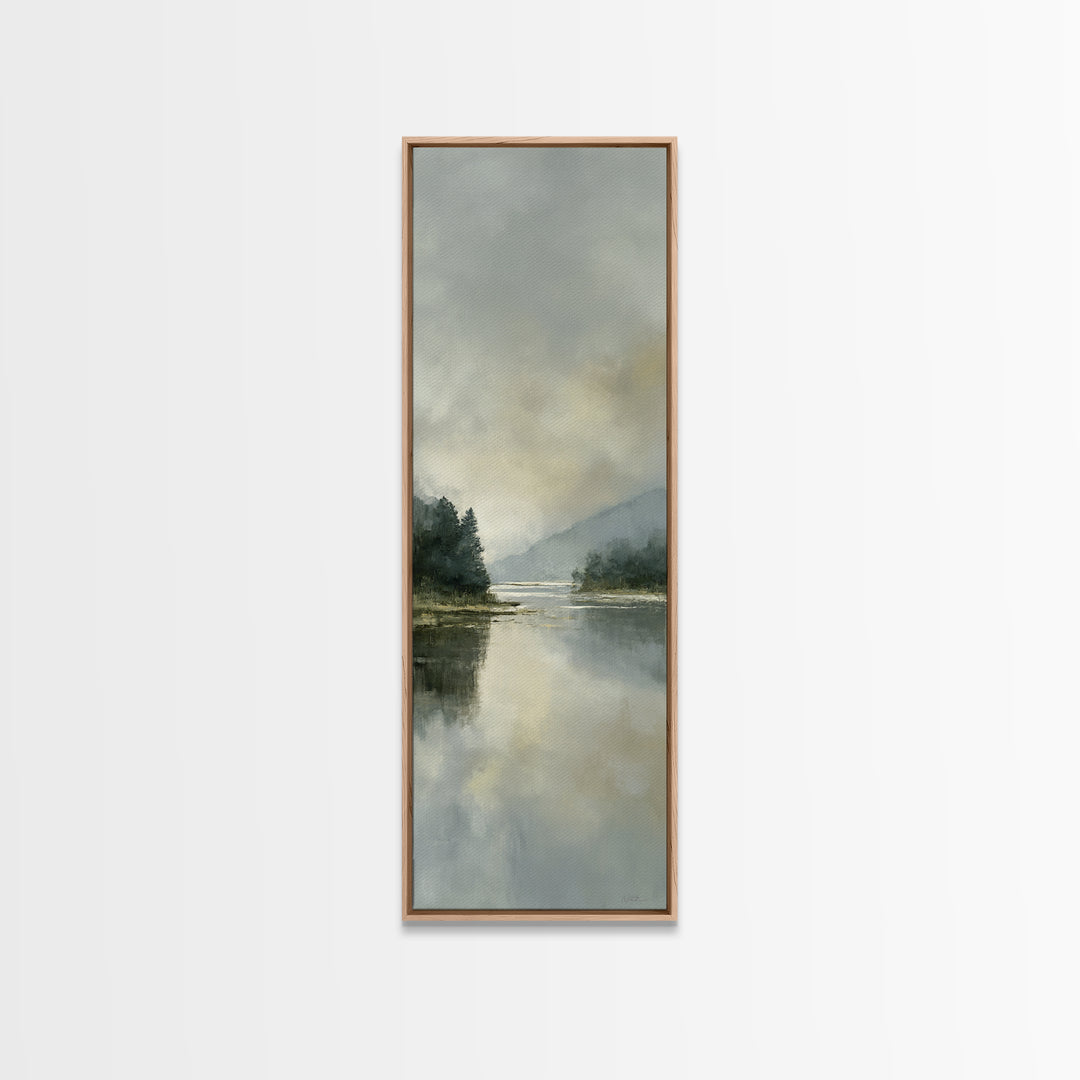 Serene Lake with Pale Morning Reflection Framed Canvas Print, Master Bedroom, Boho Decor, Bedroom Decor, Fine Art, Sanctuary, MAS-1x3-91
