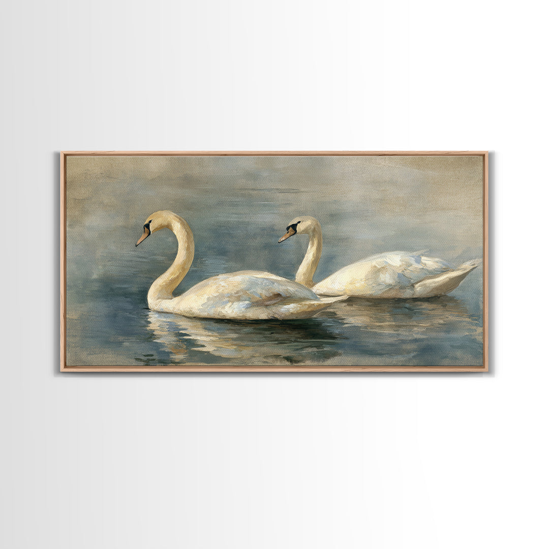 Romantic Swan Pair on Dark Water Framed Canvas Print, Master Bedroom, Living Room Prints, Bedroom Decor, Fine Art, Sanctuary, MAS-2x1-11