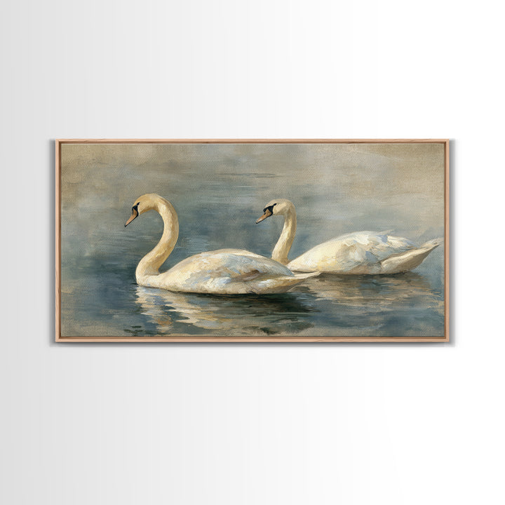 Romantic Swan Pair on Dark Water Framed Canvas Print, Master Bedroom, Living Room Prints, Bedroom Decor, Fine Art, Sanctuary, MAS-2x1-11
