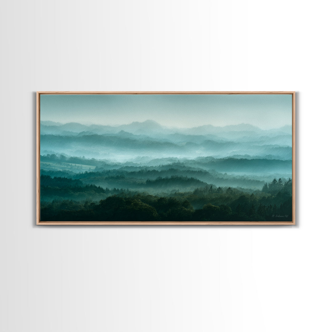 Calm Misty Forest Panorama Framed Canvas Print, Master Bedroom, Minimalist Decor, Bedroom Decor, Oil Painting, Sanctuary, MAS-2x1-24