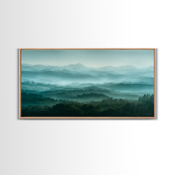 Calm Misty Forest Panorama Framed Canvas Print, Master Bedroom, Minimalist Decor, Bedroom Decor, Oil Painting, Sanctuary, MAS-2x1-24