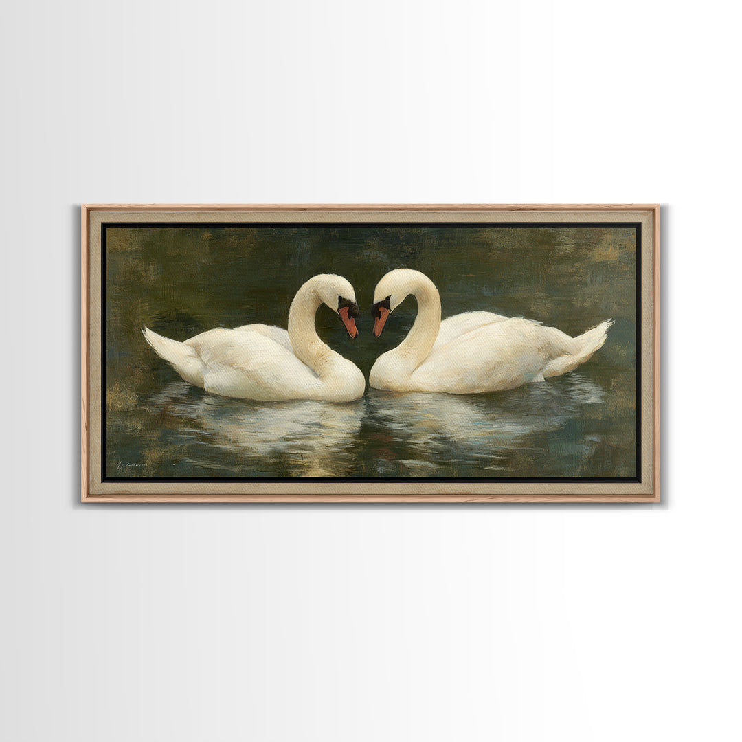 Romantic Swan Pair on Dark Water Framed Canvas Print, Master Bedroom, Wall Art, Bedroom Decor, Oil Painting, Sanctuary, MAS-2x1-35