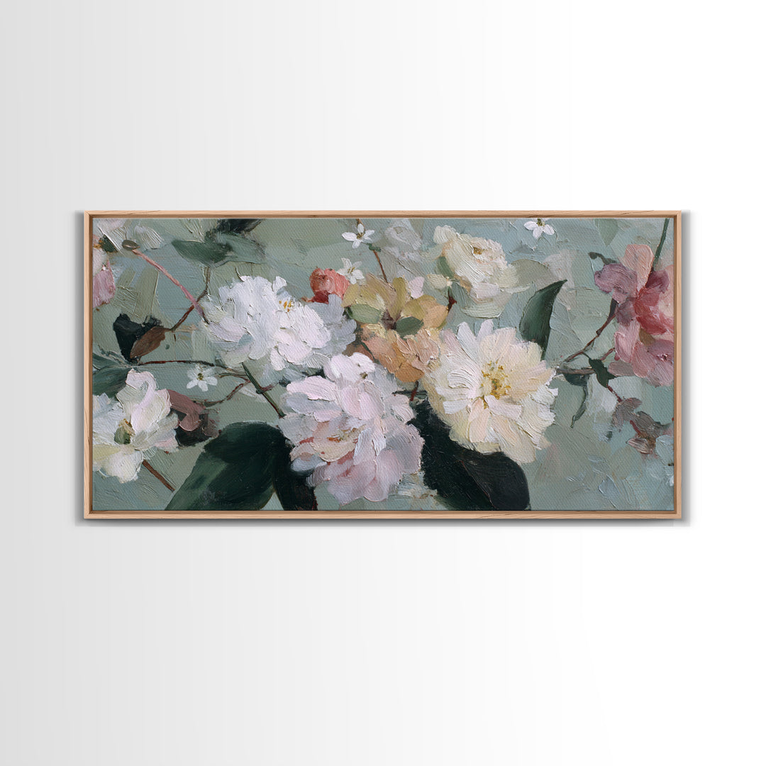 Night Garden with Pale Flowers and Stars Framed Canvas Print, Master Bedroom, Bedroom Decor, Oil Painting, Sanctuary, MAS-2x1-43