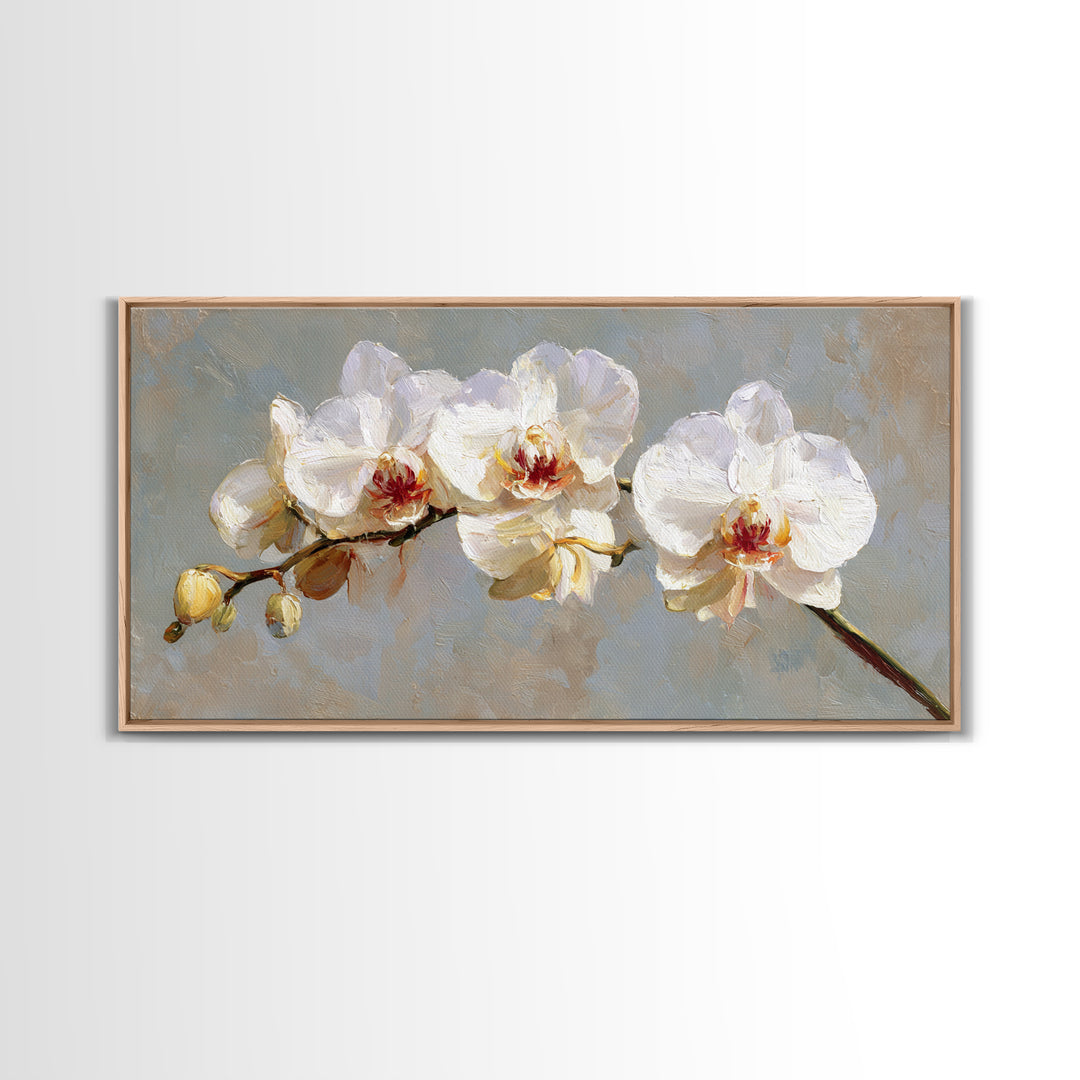 White Orchids Against Warm Gray Background Canvas Print, Master Bedroom, Farmhouse Wall Decor, Bedroom Decor, Oil Painting, MAS-2x1-53