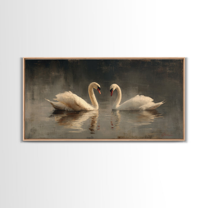 Romantic Swan Pair on Dark Water Framed Canvas Print, Master Bedroom, Bedroom, Bedroom Decor, Watercolor Art, Sanctuary, MAS-2x1-59